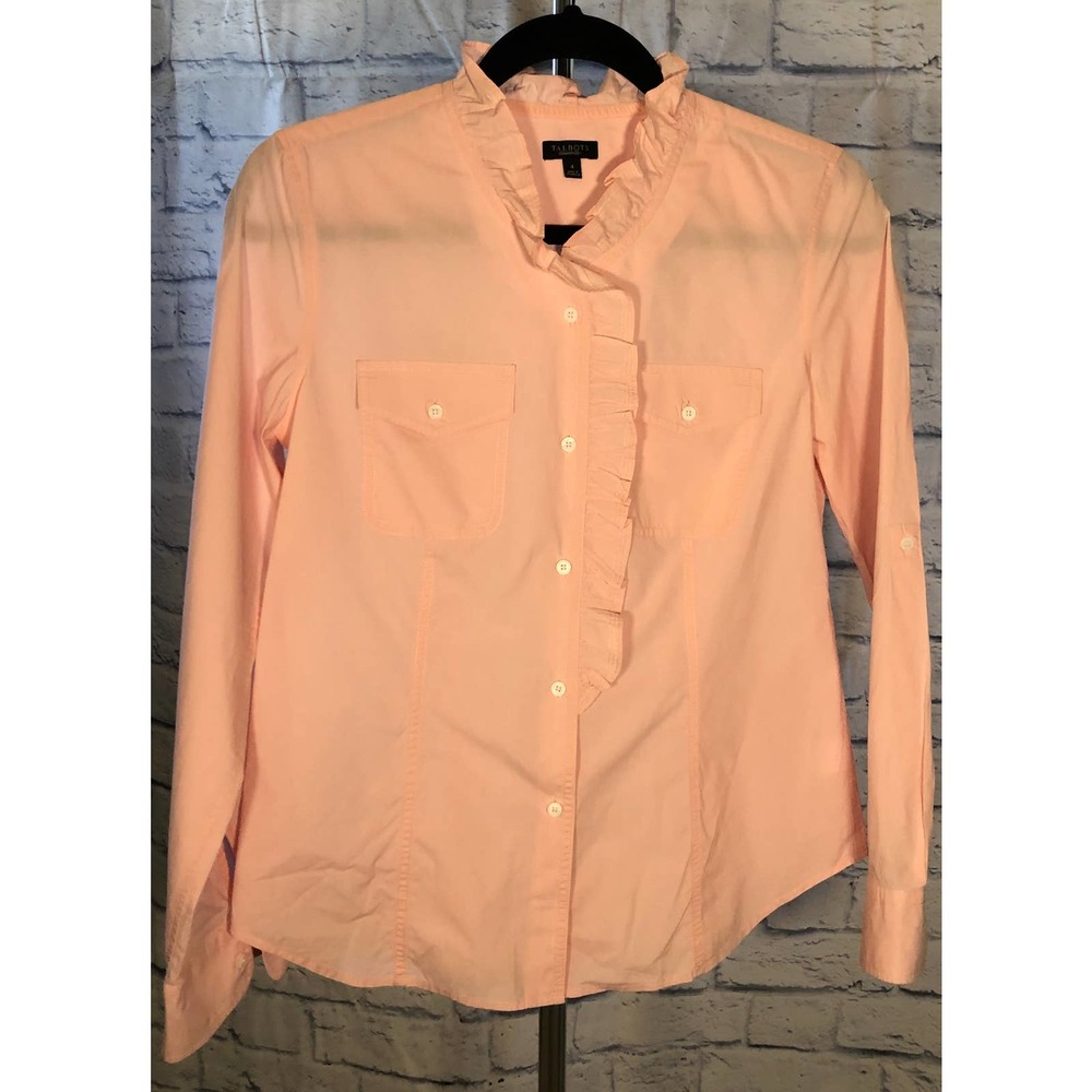 Women's Pink Talbots Button Up Shirt With Ruffle Collar Size 4